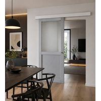 Puerta corredera Athena gris claro con panel de vidrio H204 x L83 cm, riel de aluminio con banda blanca, conchas de GD MENUISERIES