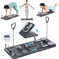 Planche de Pilates pliable avec bandes de résistance, roue d’exercice, support téléphone et poignées, équipement compact pour entraînement à domicile - Gris