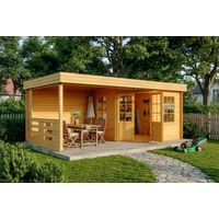 Alpholz – Abri de jardin en pin imprégné 34 mm – Dimensions 598 x 322 cm – Double porte en bois – 2 fenêtres ouvrantes – Toit plat moderne