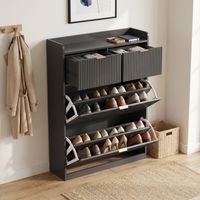 Schuhschrank 80x24x110 cm mit 2 Klappen und 2 Schubladen, Schuhkipper, viel Stauraum, Holz, Schwarz