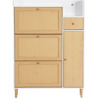 Armoire à chaussures colonne bicolore blanc et imitation chêne avec façade en rotin dimensions 90×17×125cm 3 abattants + 1 tiroir + 1 porte pour entrée domestique