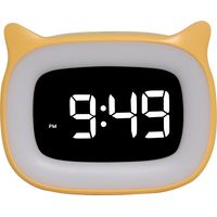 BEBUSINGOTO Despertador digital para niños - Despertador dual con luz digital - Diseño de gatos - Función de repetición - 18 melodías - 5 modos de brillo - Luz nocturna programada - Amarillo