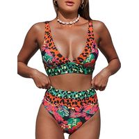 Maillot de bain taille haute à patchwork léopard à pois