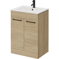 Napoli 460 Light Oak 600mm 2 Door Vanity Unit with Angel Basin - 600mm - Matt Black 160mm Handle