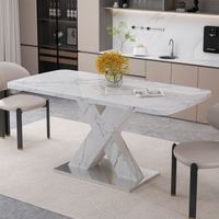120CM-160CM Modern Rectangle Dining Table, Stretchable, with Printed White Marble Table Top+MDF X-Shape Table Leg with Metal Base