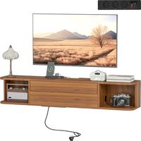 Porta TV mobile jusqu'à 50" Sospeso avec prises, USB et Type C, tiroir et étagères, 120x24x22.4 cm, Noix