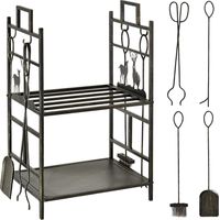 Portalegna in Ferro Battuto con Attrezzi per Camino, Manici e Base Rialzata, 51.5x33x77cm, Nero
