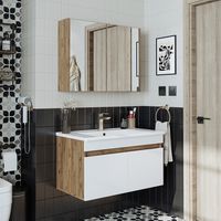 Roomart ATRIA-85 Badmöbel-Set 3-tlg 85 cm breit, Weiß-Eiche