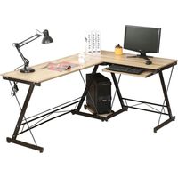 Bureau d'angle en L HLC, pour la maison, avec tablette à clavier coulissante et étagère pour ordinateur, aspect naturel