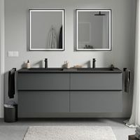 Waschtischunterschrank Bernstein LAVOA 160cm mit Mineralguss Waschbecken BRUXELLES Badmöbel: Anthrazit matt, Waschbecken: Schwarz matt mit Hahnloch, Metallgriff: Anthrazit matt