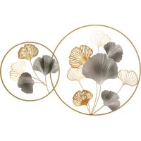 Decorazione Murale 3D in Metallo, Wall Art Dorata con Ginkgo in due Cornici Rotonde, 102x66.2cm, Oro e Argento