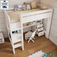 Letto a castello per bambini 90×200 cm con scrivania a L, ripiani, cassetti, porta USB/Type-C, scaletta e rete – Legno certificato PEFC – Bianco
