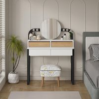 Toeletta trucco con 4 cassetti luci a led e specchio rotondo colore bianco e rovere Lora