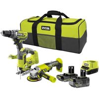 RYOBI 3 Werkzeuge: 1 Bohrschrauber R18DD3 + 1 Winkelschleifer 115 mm + 1 Stichsäge + 2 Akkus 4 Ah & 2 Ah + 1 Ladegerät & 1 Tasche