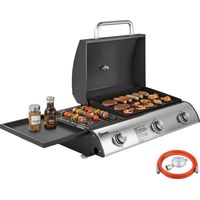 Barbecue à gaz 3 brûleurs de 7,5 kW avec grille, plaque de cuisson, grille latérale convertible et thermomètre, noir.