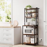 WOLTU Estante de cocina con tomas de corriente, estante de panadería, estante de almacenamiento de 6 niveles con 6 ganchos, apto para microondas, 60 x 40 x 167 cm, marrón rústico y negro