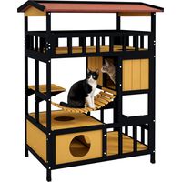 Casa para Gatos de 4 Niveles 84x60x116 cm Refugio para Gatos con Puente Colgante Balcón y Techo Asfáltico Natural
