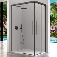 KASSANDRA PAVÍA Mampara Angular de Ducha 2 Fijo + 2 Puertas Correderas Negro Mate Transparente - Medida: 130x75 cms - ref: AI6070516S200130+AI6070516S200075