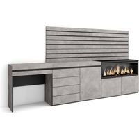 Skraut Home - Coiffeuse, Table maquillage, rangement, 284x145x35 cm, Avec tiroir, Cheminée électrique XXL, Commode, Buffet, Panneaux Muraux en Bois, Style moderne, Gris Ciment