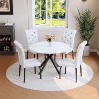 AS EASY Ensemble de salle à manger avec table ronde en marbre et 4 chaises de salle à manger blanches, ensemble de cuisine moderne en simili cuir avec capitonnage boutonné et pieds en métal pour salle