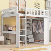 Cama altillo adulto de 140x200 cm, escritorio, armario abierto, 3 cajones, compartimento de almacenamiento, barandilla de seguridad, escalera, sin colchón, blanco