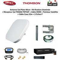 Antenne Sat Plate 40cm + Kit fixation cheminée + Récepteur Sat THS806 TNTSAT + Câble HDMI + Pointeur + Câble Coax 25m + 2 Fiches F