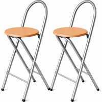 KMH® 2er-Set Barhocker Bill – Klappbar & platzsparend, Silberfarben/Buchendekor – Hocker mit Rückenlehne & Fußstütze, Stahlgestell, 73,5 cm Sitzhöhe – stabil & vielseitig für Küche, Bar & Events