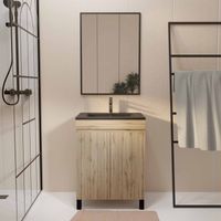 meuble salle de bains 60cm décor chene naturel 2 portes - vasque noire et miroir - timber