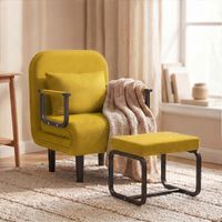 Fabulcozy Sofá convertible 4 en 1 de lino con reposapiés y reposabrazos metálicos para sala de estar – 184x60 cm, Amarillo