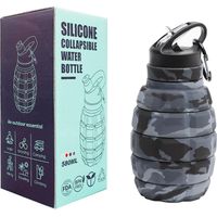 Bouteille d'eau personnalisable Grenade 580 ml - Pliable - Sans BPA - Anti-fuite - En silicone - Pour salle de sport, vélo, randonnée - Avec crochet - Gris camouflage