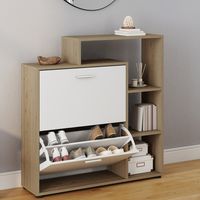 Mueble zapatero KLARK imitación haya 2 puertas blancas con estante