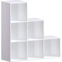 Durham 6 Cube Bookcase Staircase Shelf Wooden Display Storage Rack Free Standing Shelf Unit, White-3-Grey-Baskets