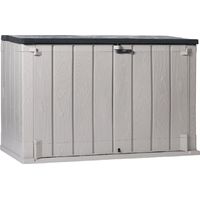 Toomax Stora Way Plus XL Baule da 1270L portattrezzi effetto legno grigio talpa/antracite in plastica resistente 145x85x124,5h, porta bidoni spazzatura, chiusura a chiavistello, ideale per giardino