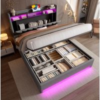 Letto contenitore in velluto grigio scuro 140x200 cm con LED, USB/Type-C e testiera con vano contenitore