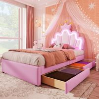 Cama infantil de 90x200 cm con 2 cajones, iluminación LED con mando, en forma de corona estilo princesa, base de láminas, sin colchón, rosa