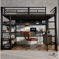 Cama Alta 140x200 Cm Estructura Metálica Y Madera Negro