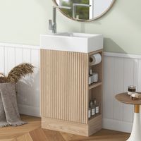 18,6-Zoll Badezimmerwaschtisch mit Waschbecken, Waschtisch mit zweistufigem Regal, links oder rechts montierbar, Naturfarbe