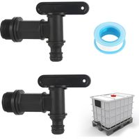 Lot de 2 Robinet pour Citerne De Pluie avec Ruban PTFE Robinet d'écoulement IBC 3/4", Robinet de Rechange en Plastique pour Citerne pour recuperateur Eau de Pluie