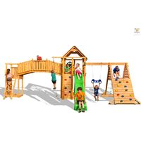 Fungoo Spielturm "Maxi Set Fortress TipTop Rainbow Spider+", teak, mit Rutsche, Holzdach, Griffe, Leiter, Kletterturm, Brücke, Trapez und Kletterseil