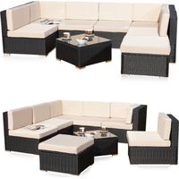 Mucola – Salon de jardin en polyrattan noir – Ensemble 6 places avec coussins hydrofuges – Table en verre ESG – Confort optimal et design élégant