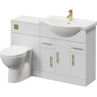 Alexander James Gloss White 1250mm 3 Door Vanity Unit Toilet Suite - 1250mm - Brushed Brass 96mm Knurled Bar HandleJames Toilet Pan and Seat