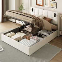 Letto contenitore 160x200 cm con luce di lettura - 2 porte USB e 1 porta Type-C - contenitore idraulico - velluto - rete a doghe - adatto per adolescenti e adulti - Beige