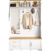 Meuble multifonctionnel pour entrée et couloir avec éclairage LED, miroir, crochets et tiroirs – Armoire moderne pour l'entrée et le couloir avec espace de rangement et assise.