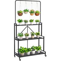Support plantes 3 niveaux roulettes étagère fleurs pliable métal 4 crochets 84x40,5x174 cm noir