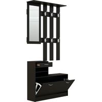 Mobile da Ingresso Appendiabiti con Scarpiera e Specchio, in Truciolato, 90x10x102 cm, Nero