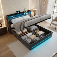Bett 140 x 190 cm – Bett mit Stauraum, LED-Beleuchtung und USB-Anschluss – gepolstertes Doppelbett mit Lattenrost – 140 x 190 cm – grau