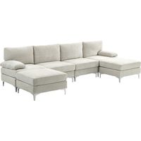 Divano componibile 4 pezzi con poggiapiedi e cuscini, tessuto effetto ciniglia, 313x149x88 cm, bianco crema