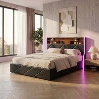 Doppelbett 140x200 cm, Stauraumbett, Leder-Optik, Gasdruckfeder-Mechanismus, LED-Kopfteil, USB-Anschluss, modernes Design