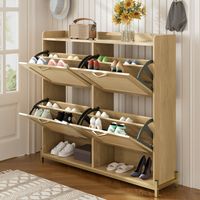 Armario Zapatero con 4 Puertas y Estante Superior, Estilo Natural, en MDF, 108,5×24×100 cm, Roble Claro