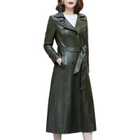 Veste en cuir de mouton pour femme - Manteau long à double boutonnage - Printemps et automne - Vêtements d'extérieur grande taille